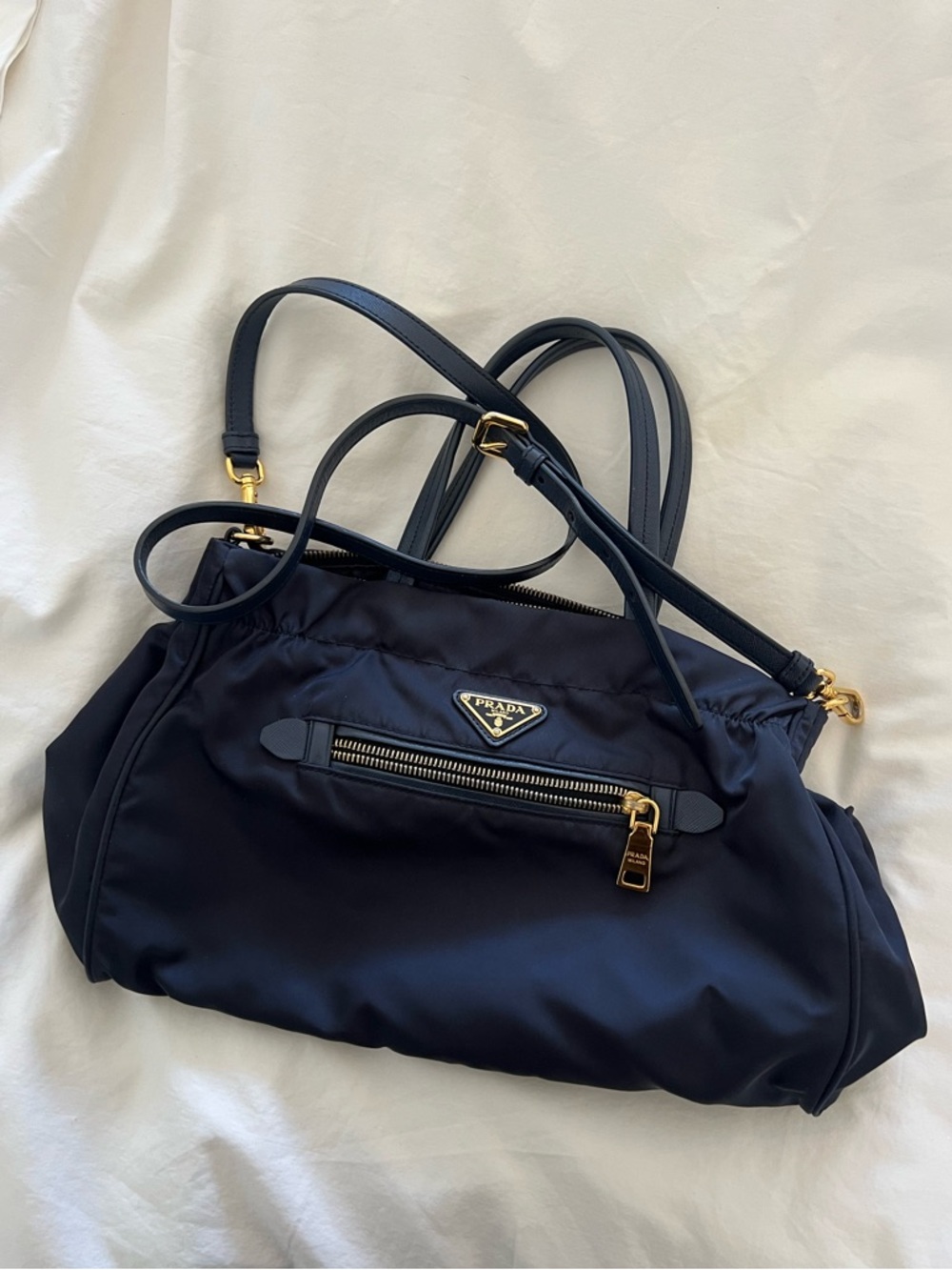 Prada Navy Nylon Crossbody Tote Bag with Gold Hardware